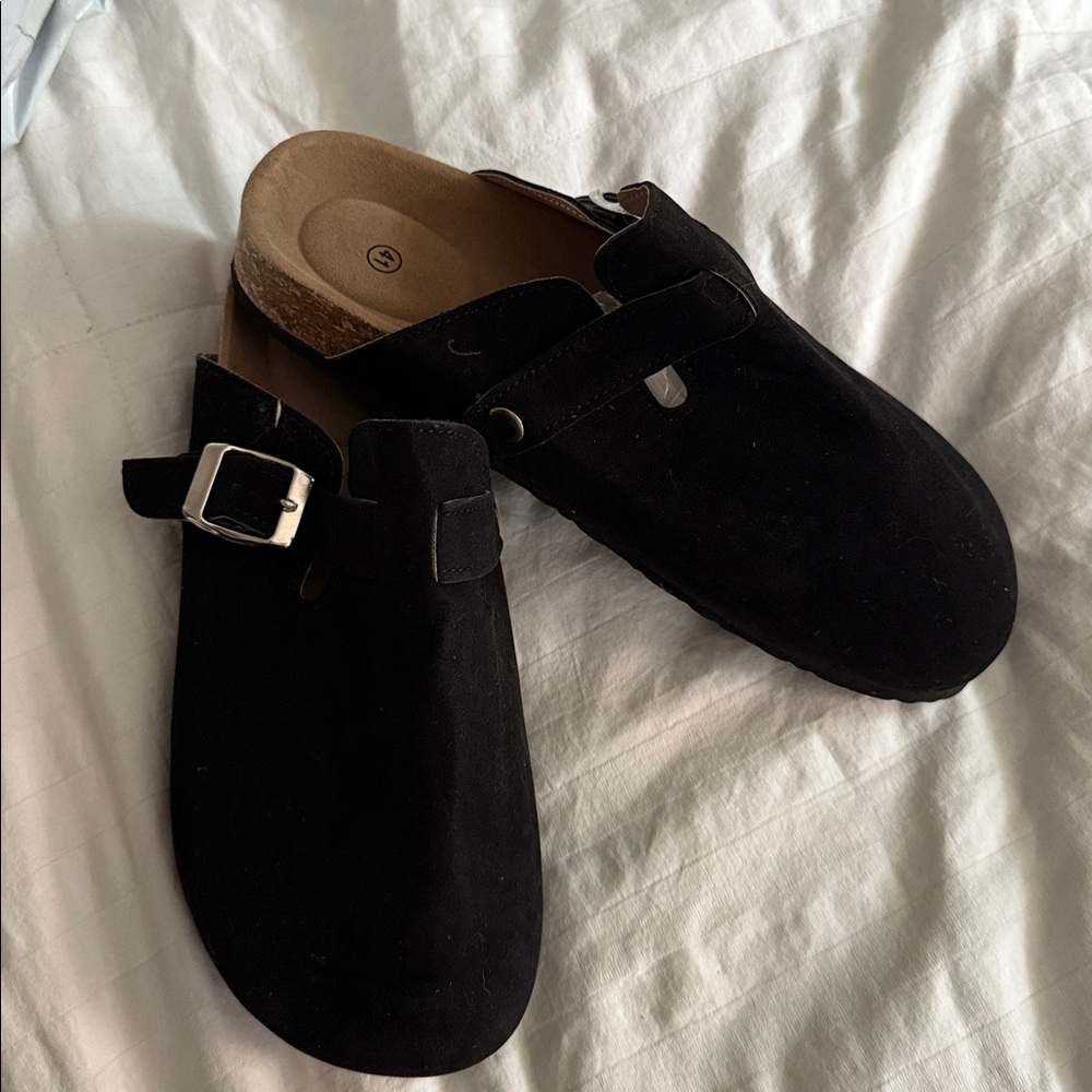 Black Suede Slip-On Clogs with Buckle